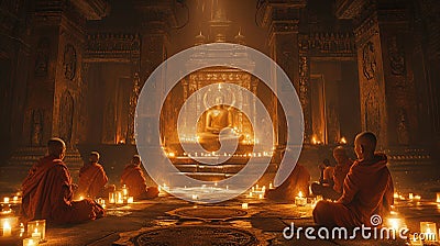 Monks Meditating in Ancient Temple Stock Photo