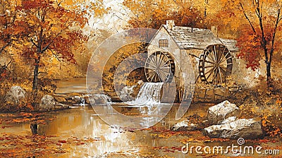 Autumn Watermill Painting Stock Photo