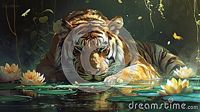 Tiger and Water Lilies Cartoon Illustration