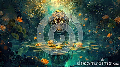 Tiger and Water Lilies Cartoon Illustration