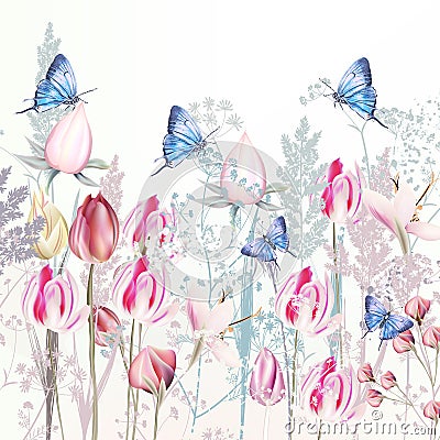 Illustration with gentle vector pink tulip and crocus flowers, blue butterflies, spring style Vector Illustration