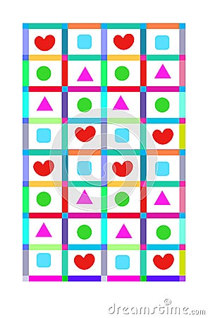 illustration of geometric shapes in bright squares with hearts in bright colors Cartoon Illustration