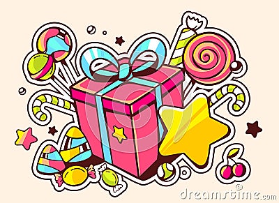 illustration of gift box and confection on light backgro Cartoon Illustration