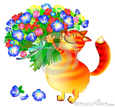 Illustration of ginger cat with bouquet of flowers. Vector Illustration