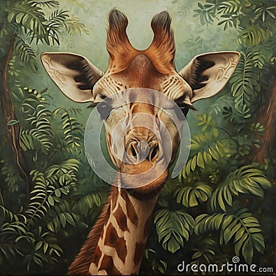 Illustration giraffe portrait in green jungle. Poster of giraffe. Stock Photo