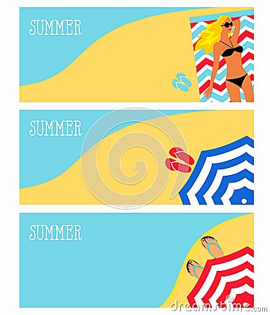 Illustration of a girl on the beach, sea, parasol Vector Illustration