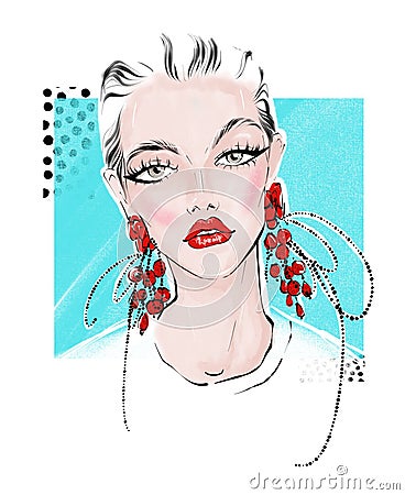 Illustration of girl with big red earrings Stock Photo