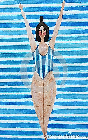 Illustration with a girl in a blue striped swimsuit Stock Photo