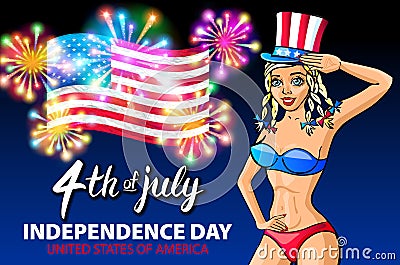 Illustration of a girl celebrating Independence Day Vector Poster. 4th of July Lettering. American flag Red on Blue Background wit Vector Illustration