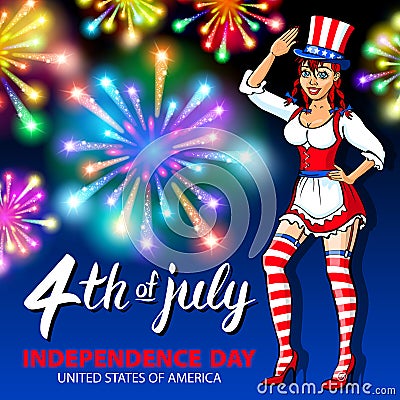 Illustration of a girl celebrating Independence Day Vector Poster. 4th of July Lettering. American Red on Blue Background with Sta Vector Illustration