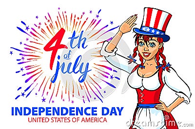 Illustration of a girl celebrating Independence Day Vector Poster. 4th of July Lettering. American Red on Blue Background with Sta Vector Illustration