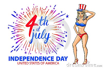 Illustration of a girl celebrating Independence Day Vector Poster. 4th of July Lettering. American Red on Blue Background with Sta Vector Illustration