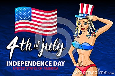 Illustration of a girl celebrating Independence Day Vector Poster. 4th of July Lettering. American Red Flag on Blue Background Vector Illustration