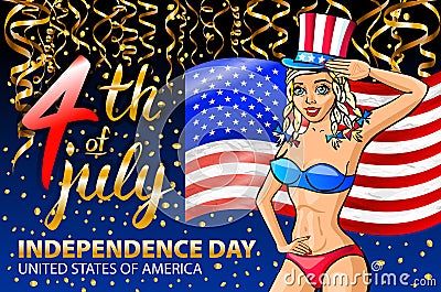 Illustration of a girl celebrating Independence Day Vector Poster. 4th of July Lettering. American Red Flag on Blue Background. go Vector Illustration