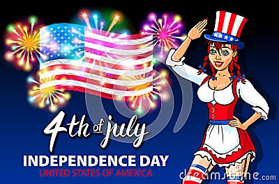 Illustration of a girl celebrating Independence Day Vector Poster. 4th of July Lettering. American Red Flag on Blue Background wit Vector Illustration