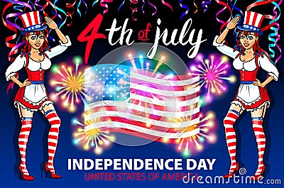 Illustration of a girl celebrating Independence Day Vector Poster. 4th of July Lettering. American Red Flag on Blue Background wit Vector Illustration