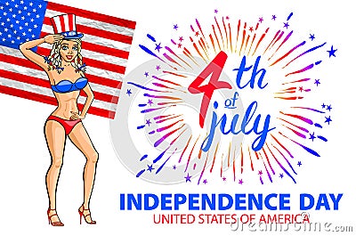 Illustration of a girl celebrating Independence Day Vector Poster. 4th of July Lettering. American Red Flag on Blue Background wit Vector Illustration