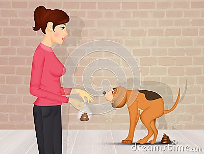 Girl collects dog poop Stock Photo