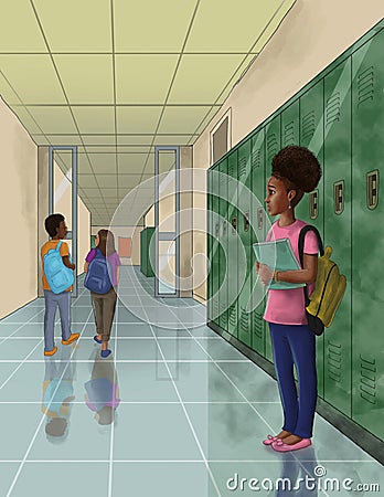 Illustration a girl confused at new school Stock Photo