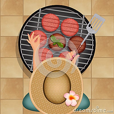 Girl cooking hamburger on barbecue grill Stock Photo