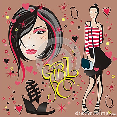 Illustration of a girl & face girl Vector Illustration