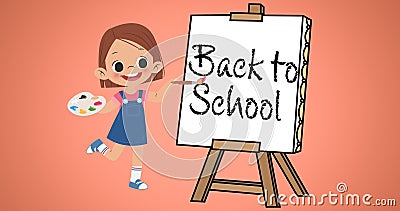 Illustration of girl holding palette painting back to school text on canvas over peach background Stock Photo