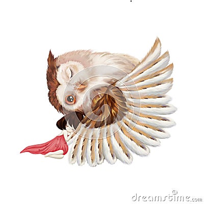 Illustration: The Girl and The Owl. The Girl Sleeps in the Feathers of The Big Owl. Stock Photo