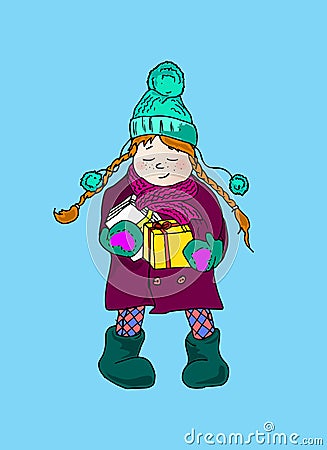 Illustration of a girl with pigtails. Winter holidays. A child with letters and gifts. Vector Illustration