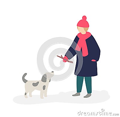 Illustration of a girl playing with a dog. Vector. Girl teenager in a coat asks for a gray dog. Two friends. Flat cartoon style. Vector Illustration