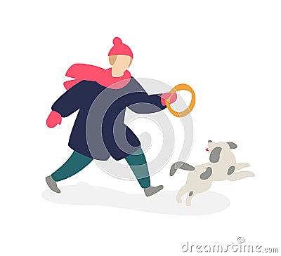 Illustration of a girl playing with a dog. Vector. Girl teenager in coat runs along with a gray dog. Two friends. Flat cartoon Vector Illustration