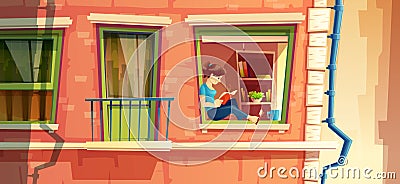 illustration of girl reading the book on the window of multistorey apartment, building outside concept, cityscape Cartoon Illustration