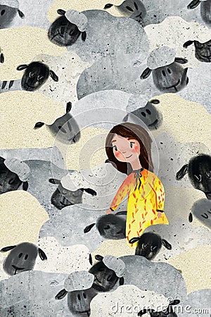 Illustration of girl and sheep Stock Photo