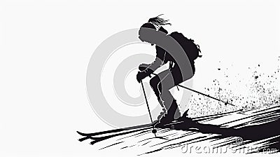 illustration of a girl skiing in the mountains. Silhouette. Generative AI Cartoon Illustration