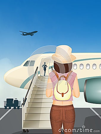 Illustration of girl travels by plane Cartoon Illustration