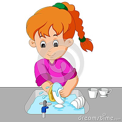 Girl washing the dishes Vector Illustration