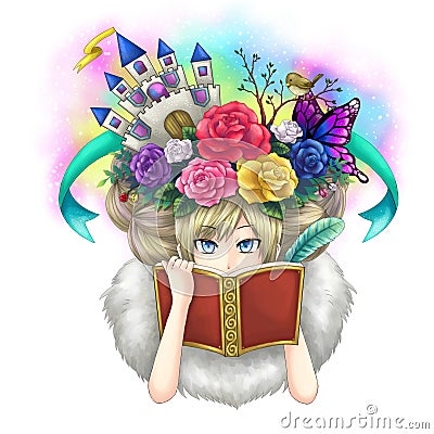 Illustration of a girl writing fantasy novel book while her imagination growing on her head or maybe she is a goddess writing her Stock Photo