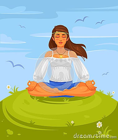 illustration of a girl yoga in the lotus position Cartoon Illustration