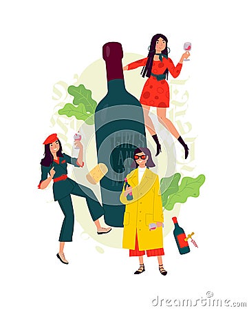 Illustration of girls with a glass of wine around the bottle. Vector. Women celebrate the holiday, have fun and relax. Party all n Vector Illustration