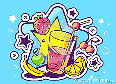 illustration of glass of juice with fruits on blue backgr Cartoon Illustration