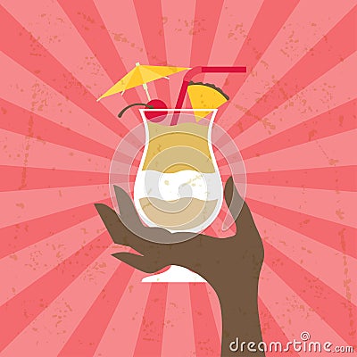 Illustration with glass of pina colada and hand Vector Illustration