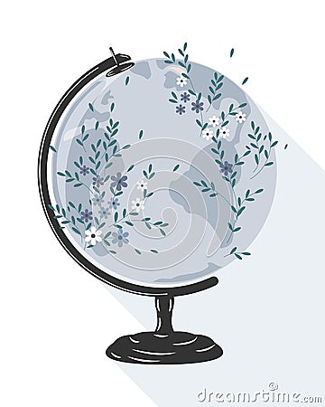 Illustration, a globe with a scattering of small flowers and leaves, a planet in flowers. Blue pastel shades. Clip art, Vector Illustration