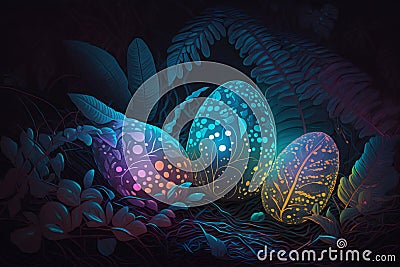 illustration of glow neon eggs in tropics rain fores, Generative AI Cartoon Illustration