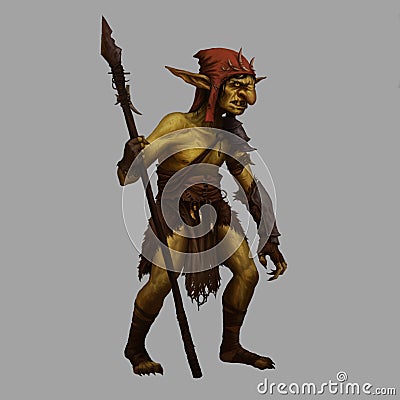 Illustration of a goblin using simple clothing and a spear Cartoon Illustration