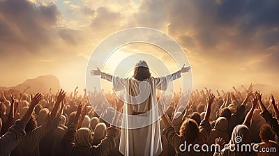 Illustration, the God in front of the people spread his arms to the sides for a hug Stock Photo