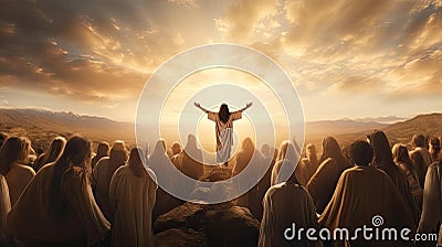 Illustration, the God in front of the people spread his arms to the sides for a hug Stock Photo