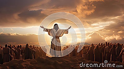 Illustration, the God in front of the people spread his arms to the sides for a hug Stock Photo