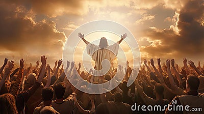 Illustration, the God in front of the people spread his arms to the sides for a hug Stock Photo