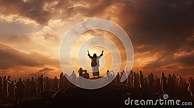 Illustration, the God in front of the people spread his arms to the sides for a hug Stock Photo