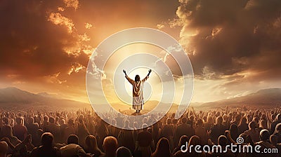 Illustration, the God in front of the people spread his arms to the sides for a hug Stock Photo