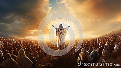 Illustration, the God in front of the people spread his arms to the sides for a hug Stock Photo